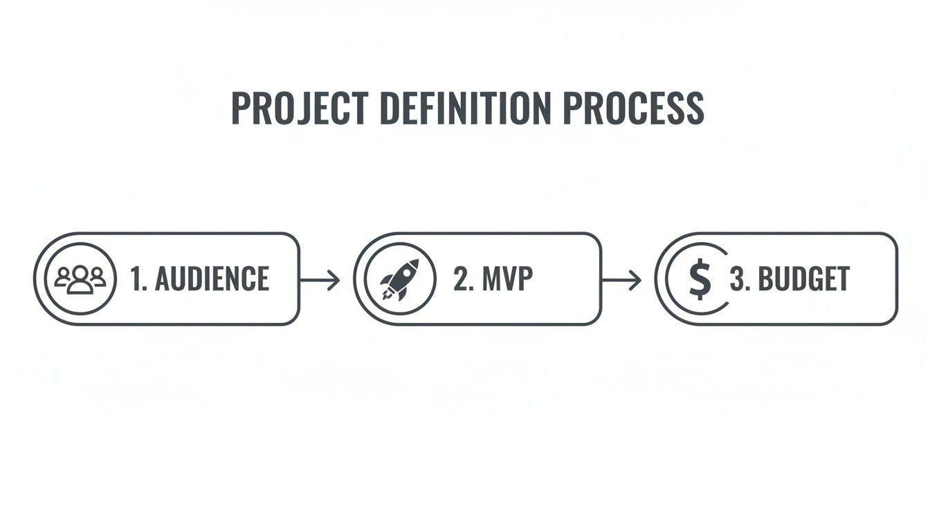 A flowchart showing the project definition process with steps for audience, MVP, and budget.