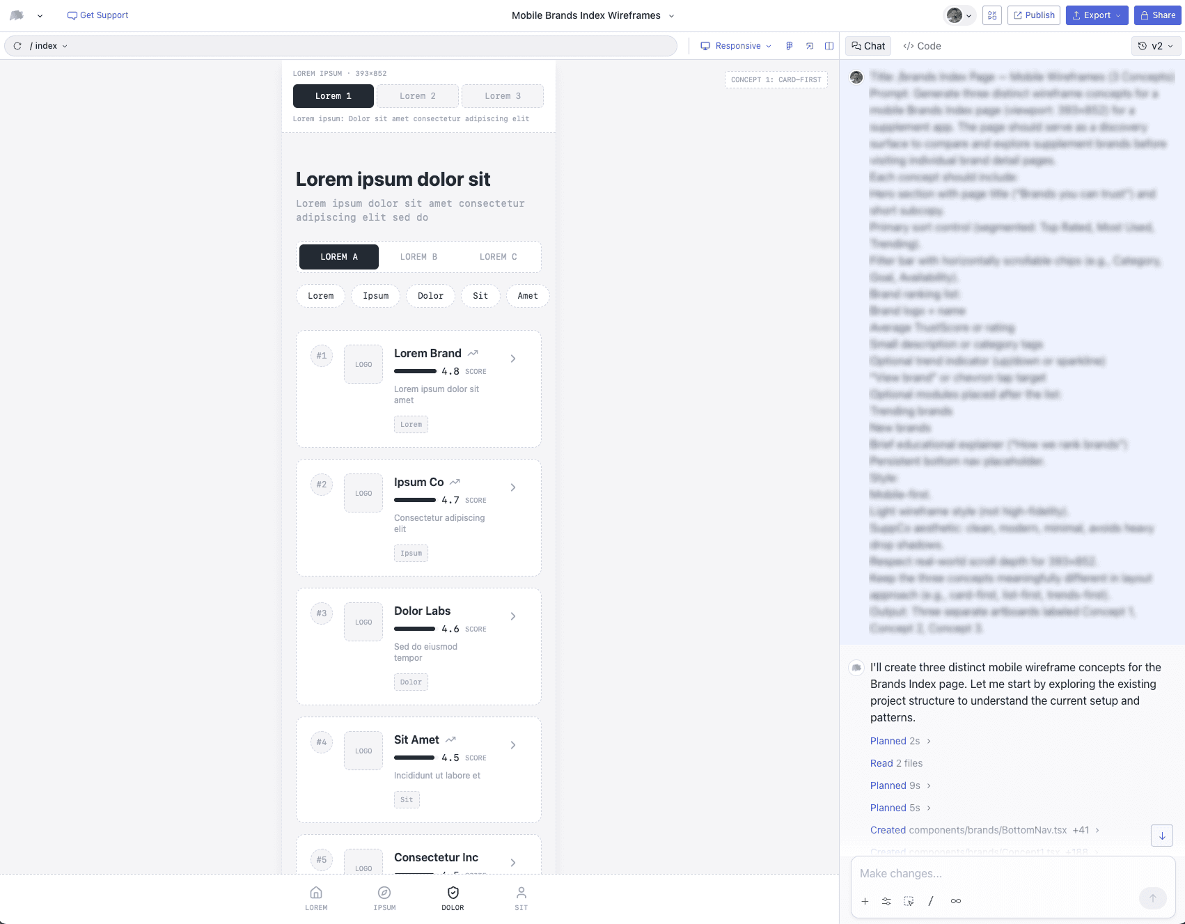 [Screenshot: Magic Patterns generating multiple wireframe variations for a complex user flow in grayscale.]
