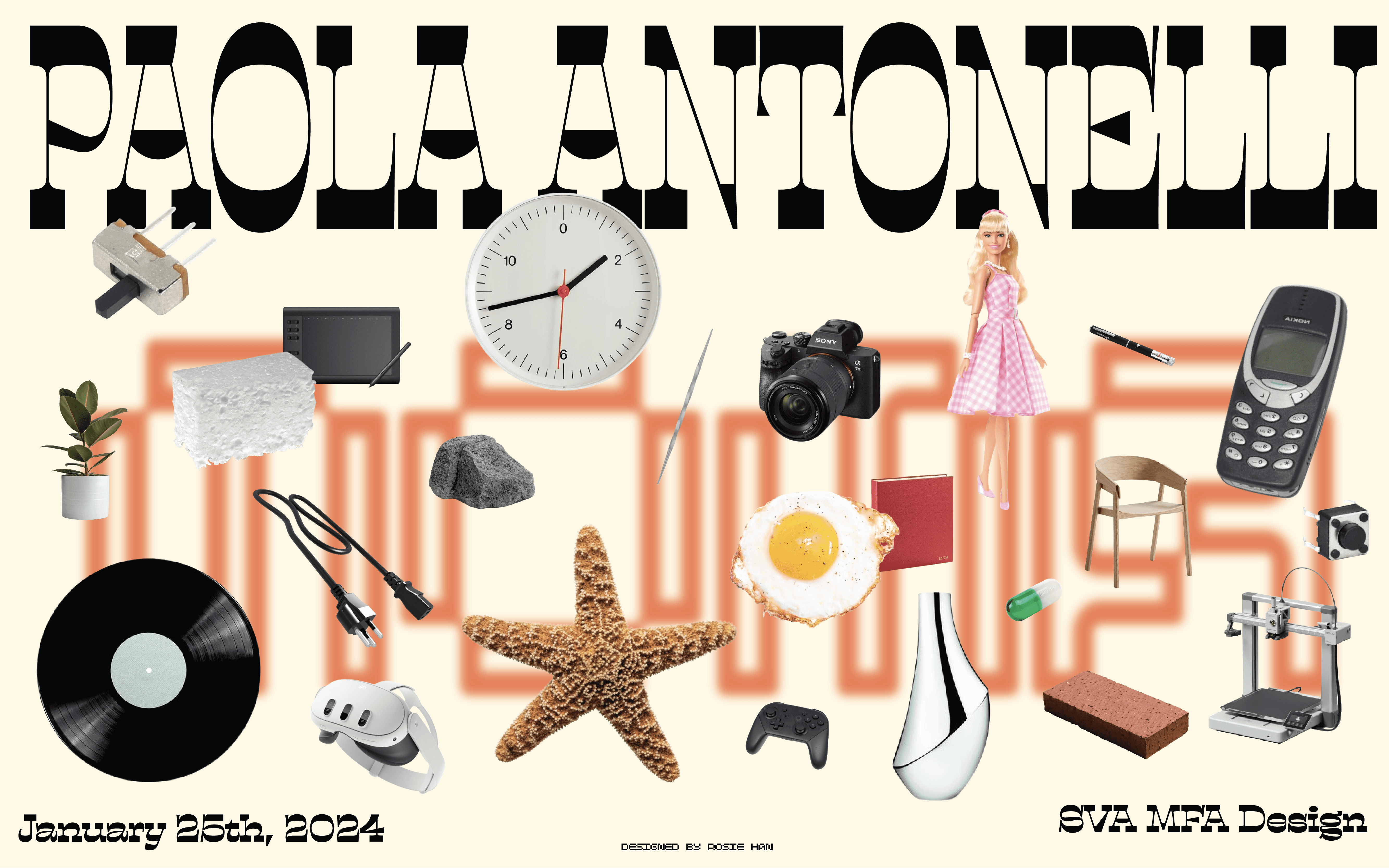 poster for a guest lecture with a lot of mundane household items like a clock, phone, chair, etc