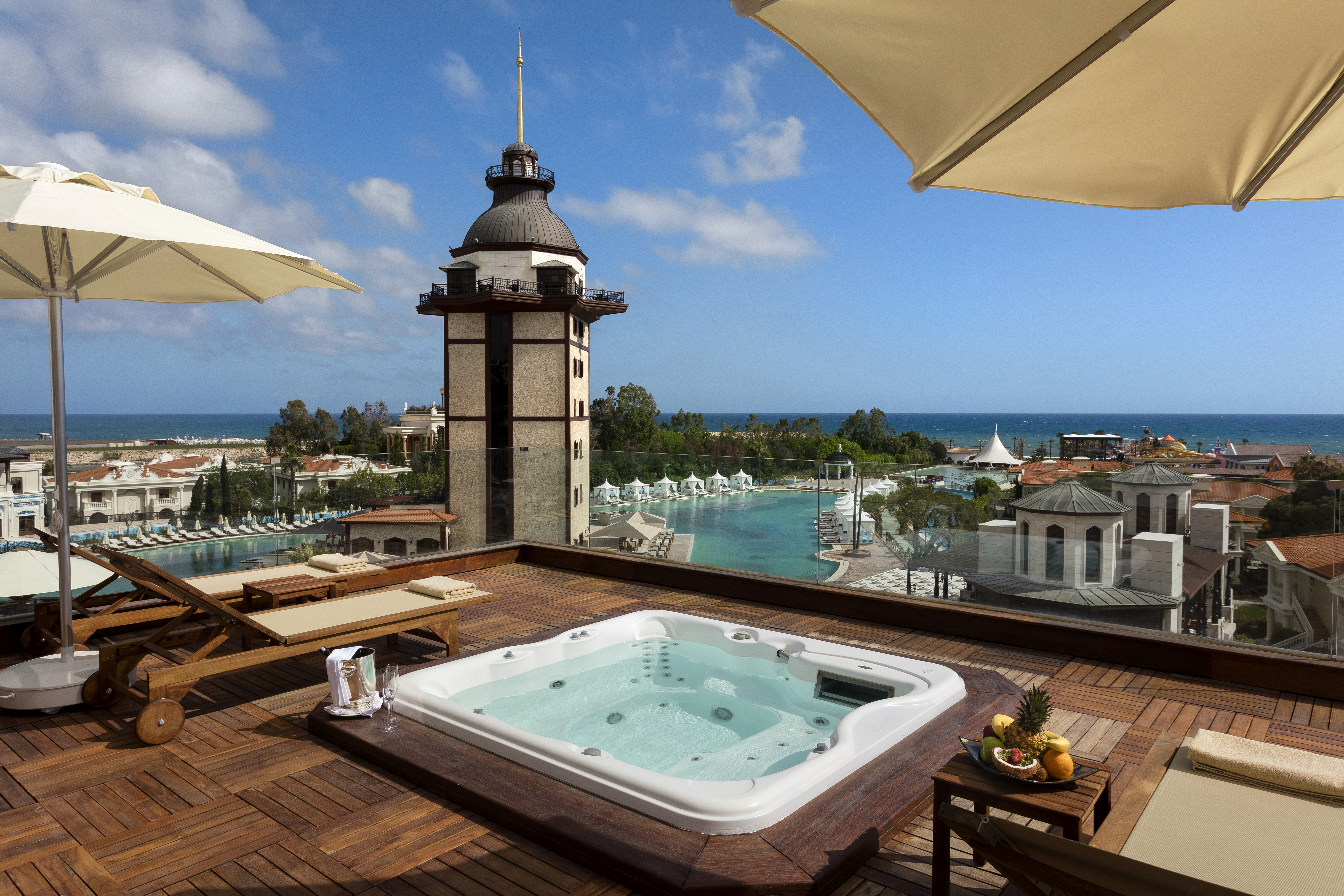 Exclusive private terrace with jacuzzi and panoramic views, creating an unforgettable setting for ultimate relaxation.