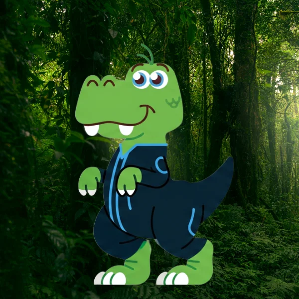 Un dinosaure vert souriant, aux grands yeux bleus, vêtu d'une combinaison de plongée noire se promène dans une jungle.
