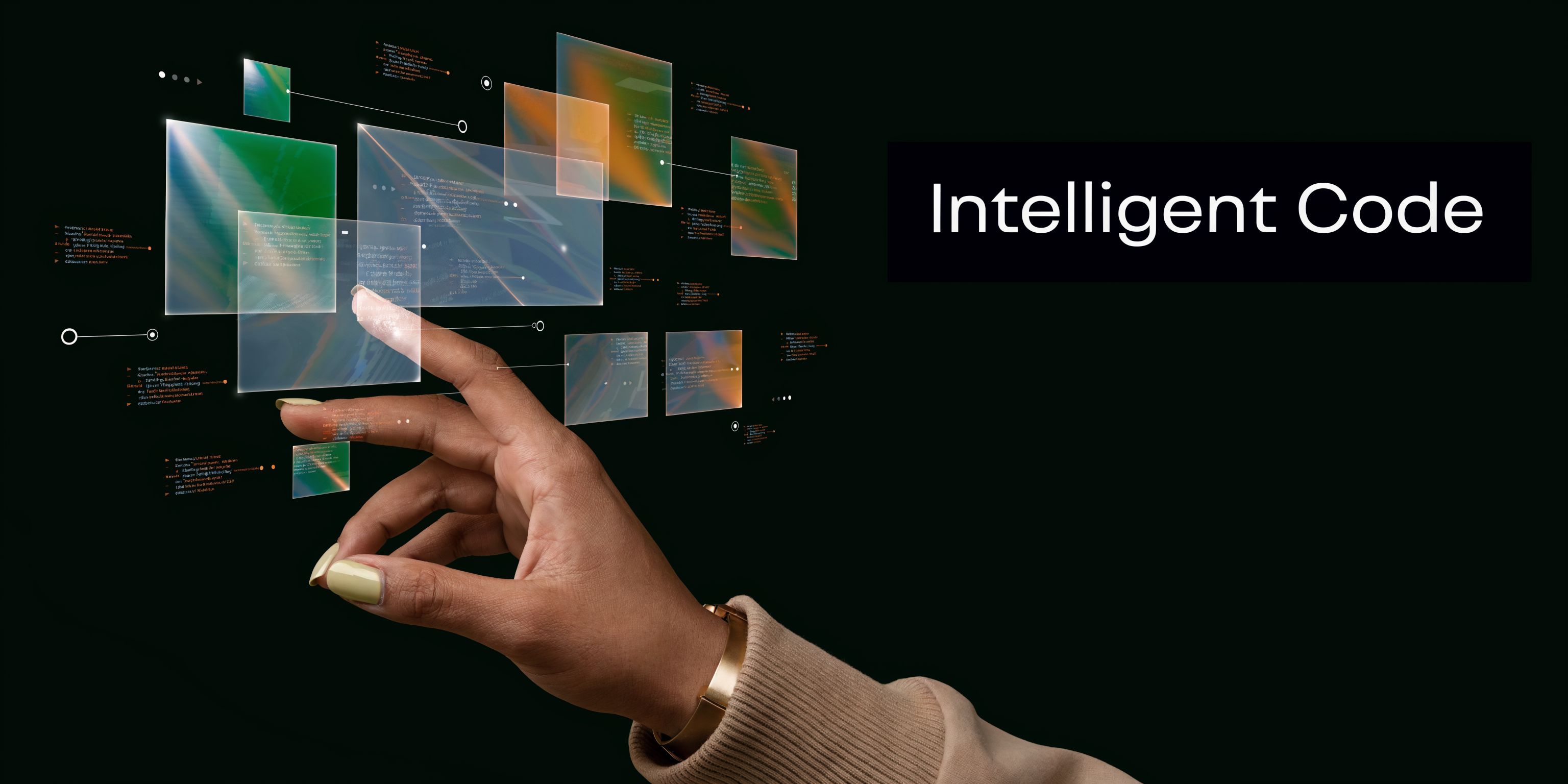 A hand interacting with holographic data code screens representing advanced visual programming and digital software development concepts.