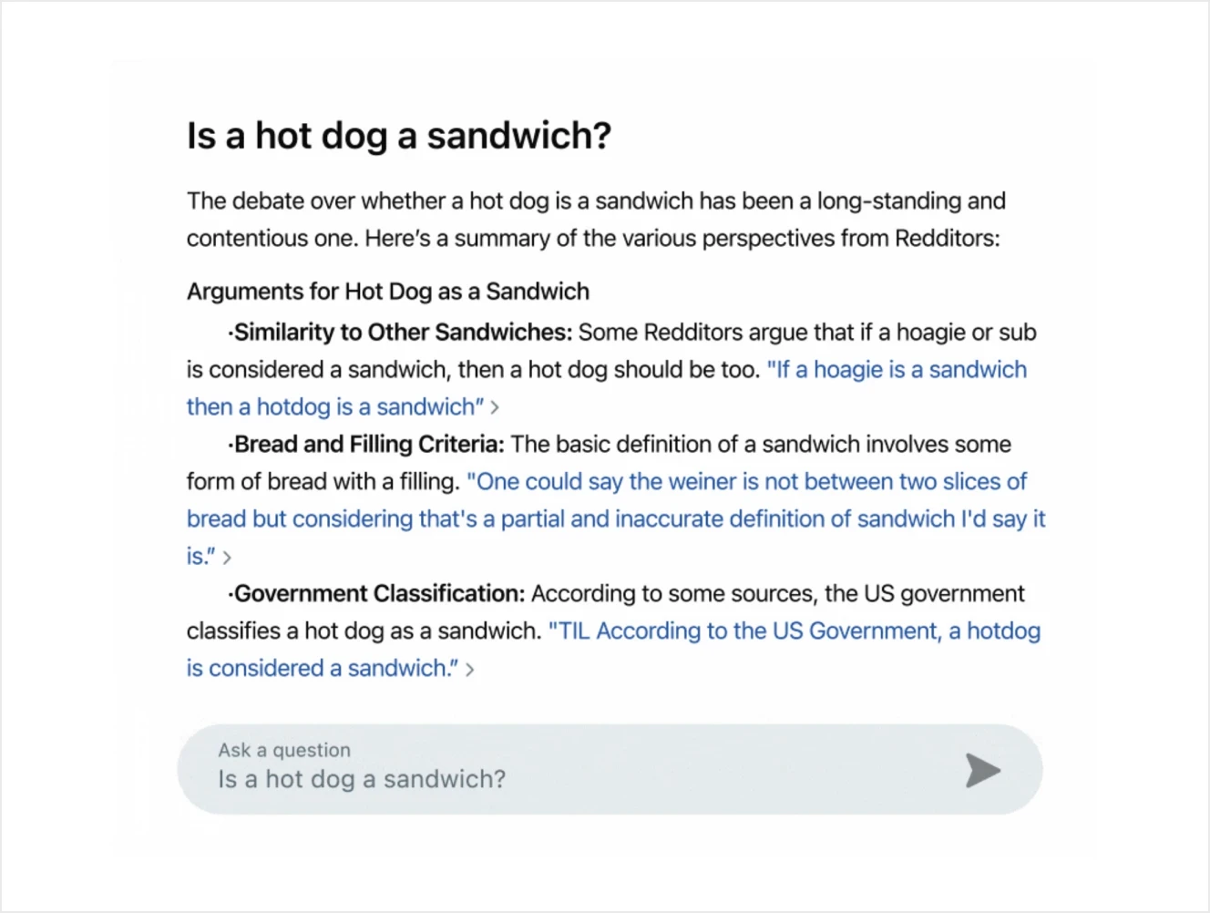 A search result discussing the ongoing debate on whether a hot dog is a sandwich, summarizing perspectives from Reddit users.