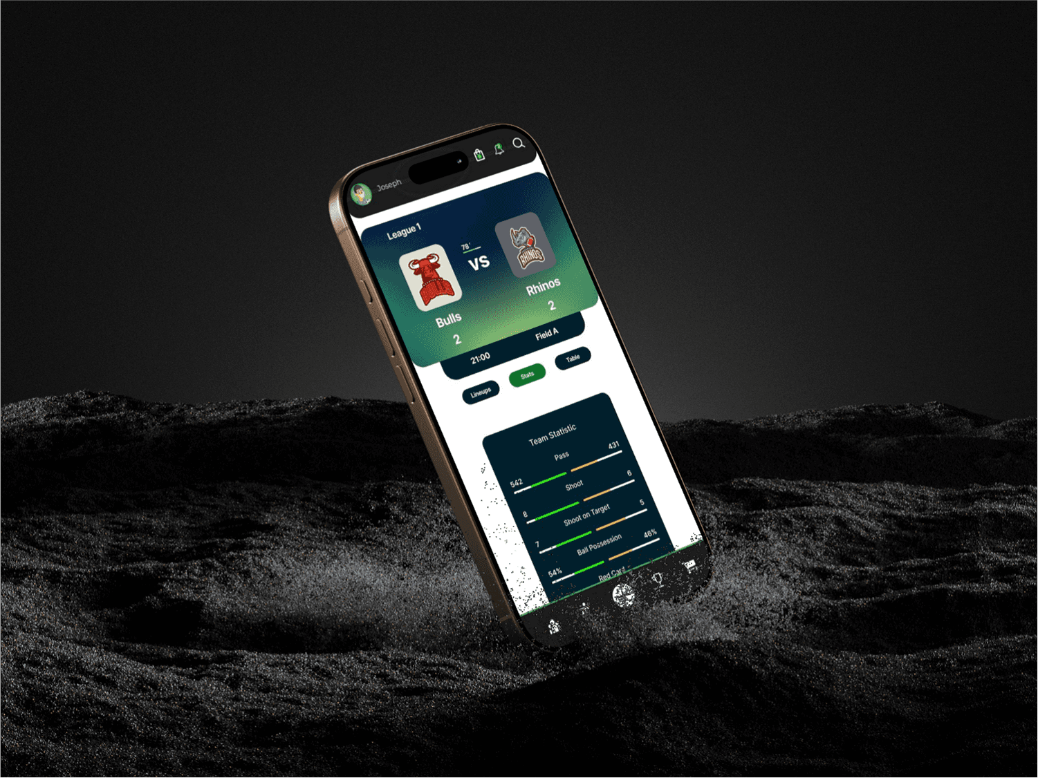 Mobile soccer app UI design showing match tracking and team management features