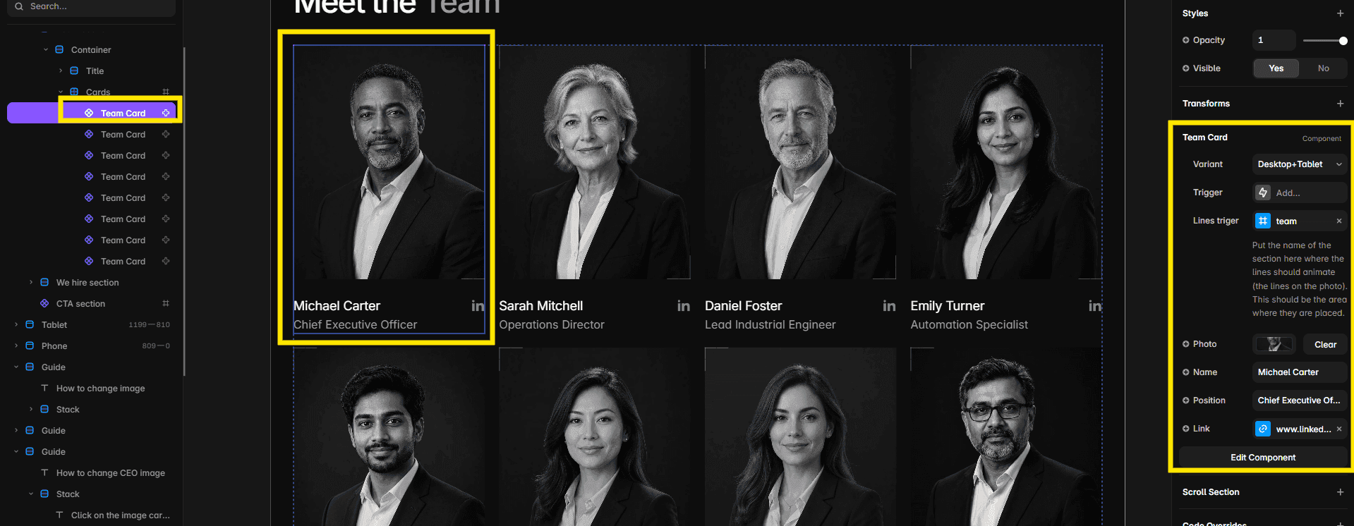 Editing team member information in Tilanium