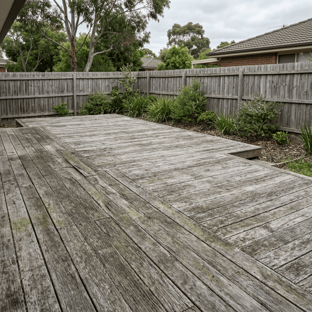 Weathered timber deck before cleaning