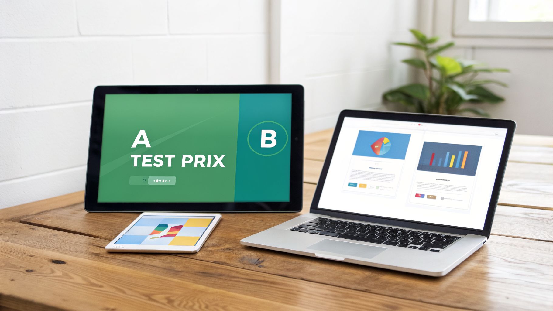 Trois écrans sur une table en bois montrant un test A/B de prix et des graphiques d'analyse de données.