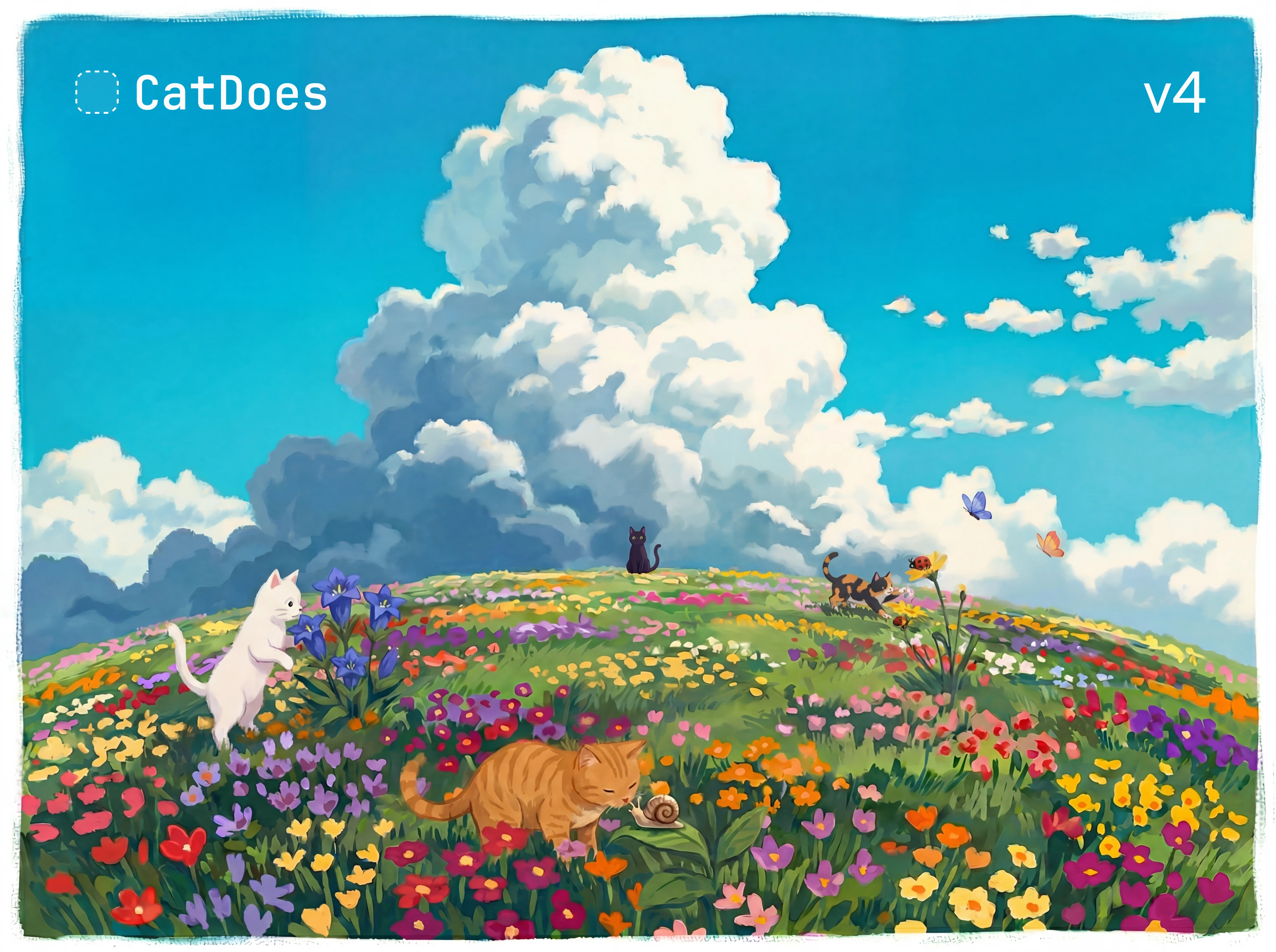 Illustrated CatDoes v4 banner showing a whimsical Studio Ghibli-style meadow with a white cat playing among flowers, an orange tabby napping beside a snail, a black cat silhouetted on a hill, and another cat chasing butterflies under a bright blue sky with towering cumulus clouds.