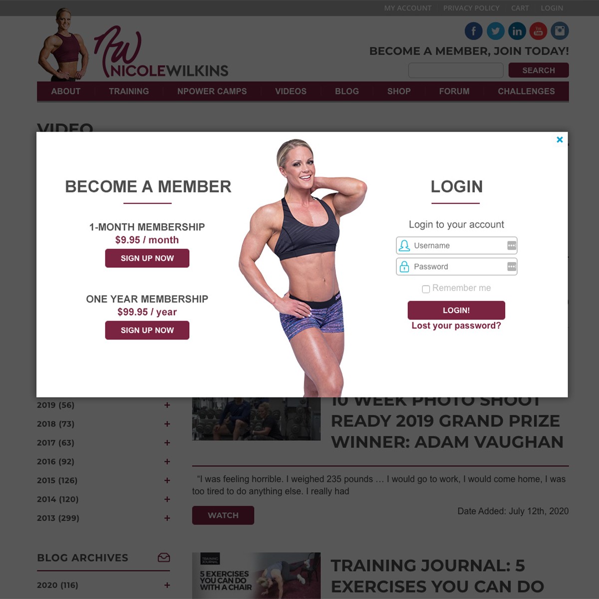 Login and membership modal from Nicole Wilkins website showing fitness membership pricing and login fields beside athlete photo.