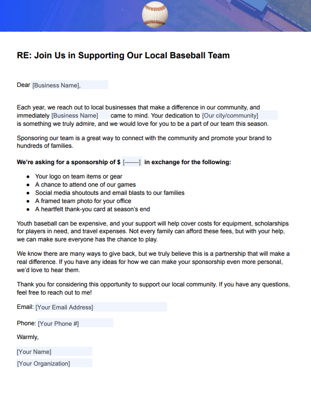 Baseball Sponsorship Letter Template