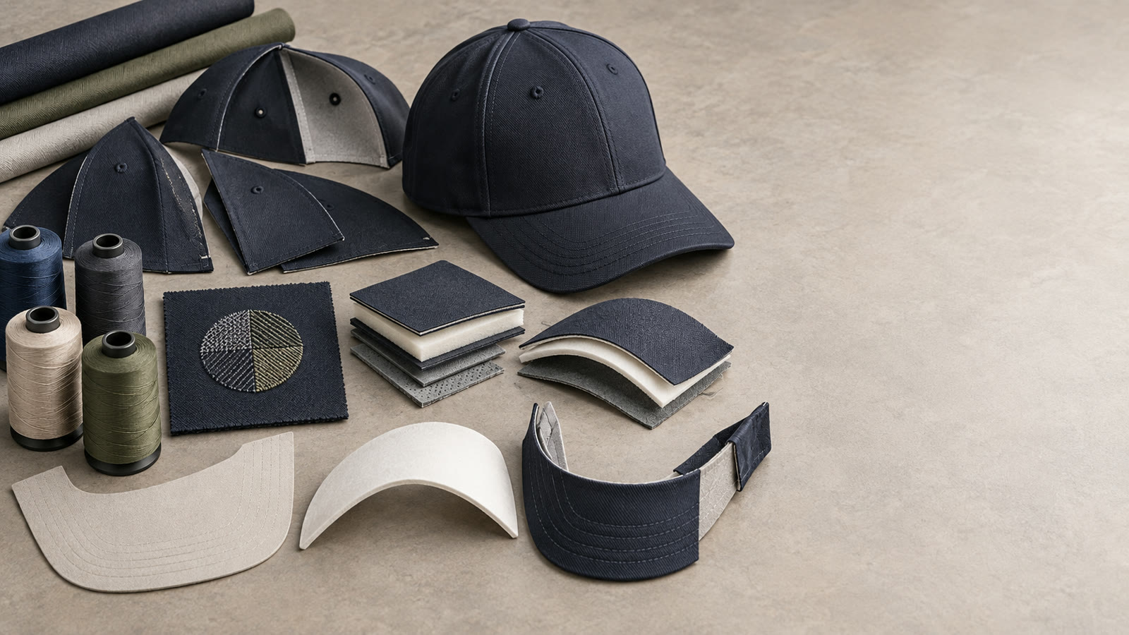 Navy headwear with material panels, brim inserts and embroidery components