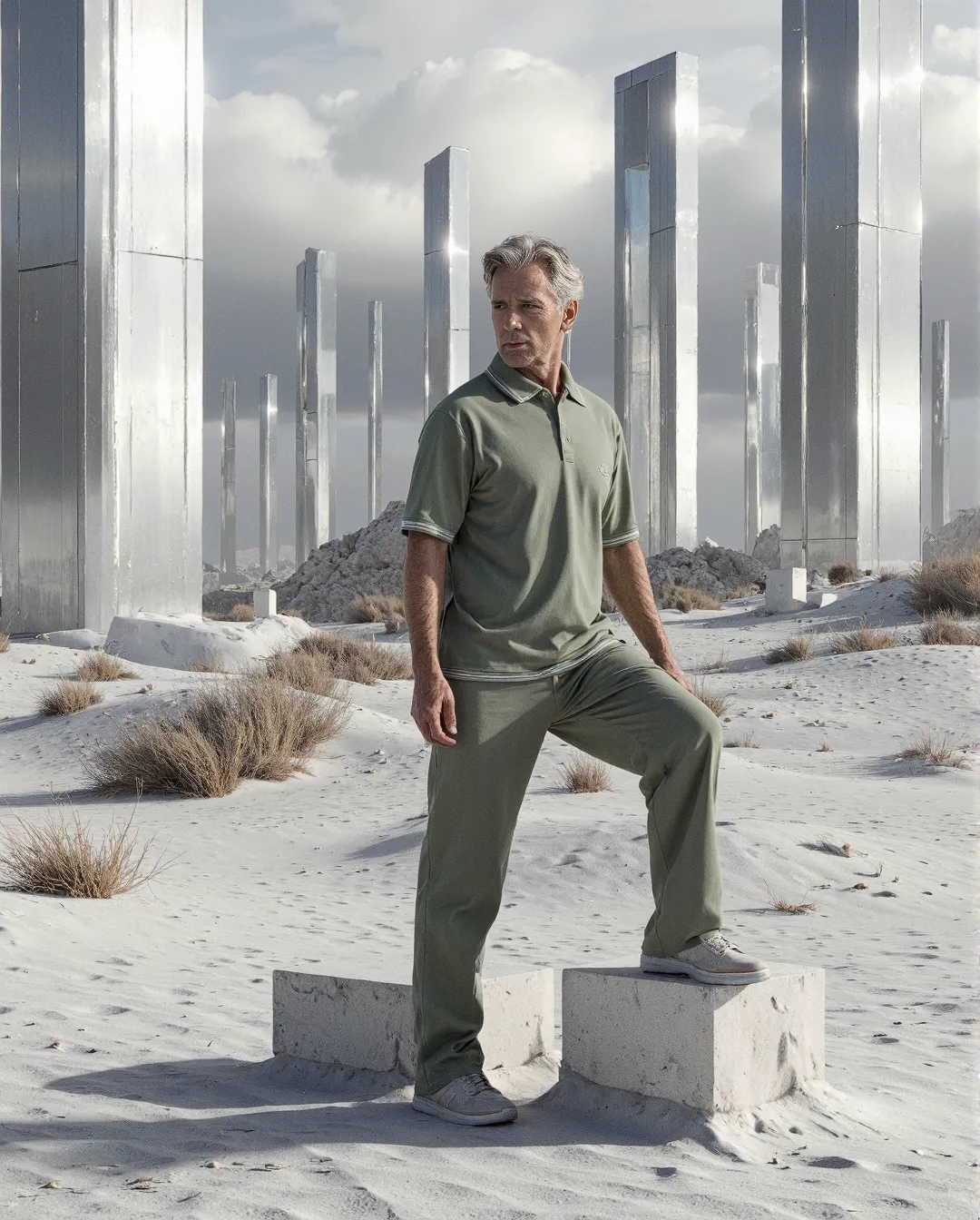 Sage green athleisure outfit in minimalist desert setting with tall silver monoliths, white sand, and sparse vegetation