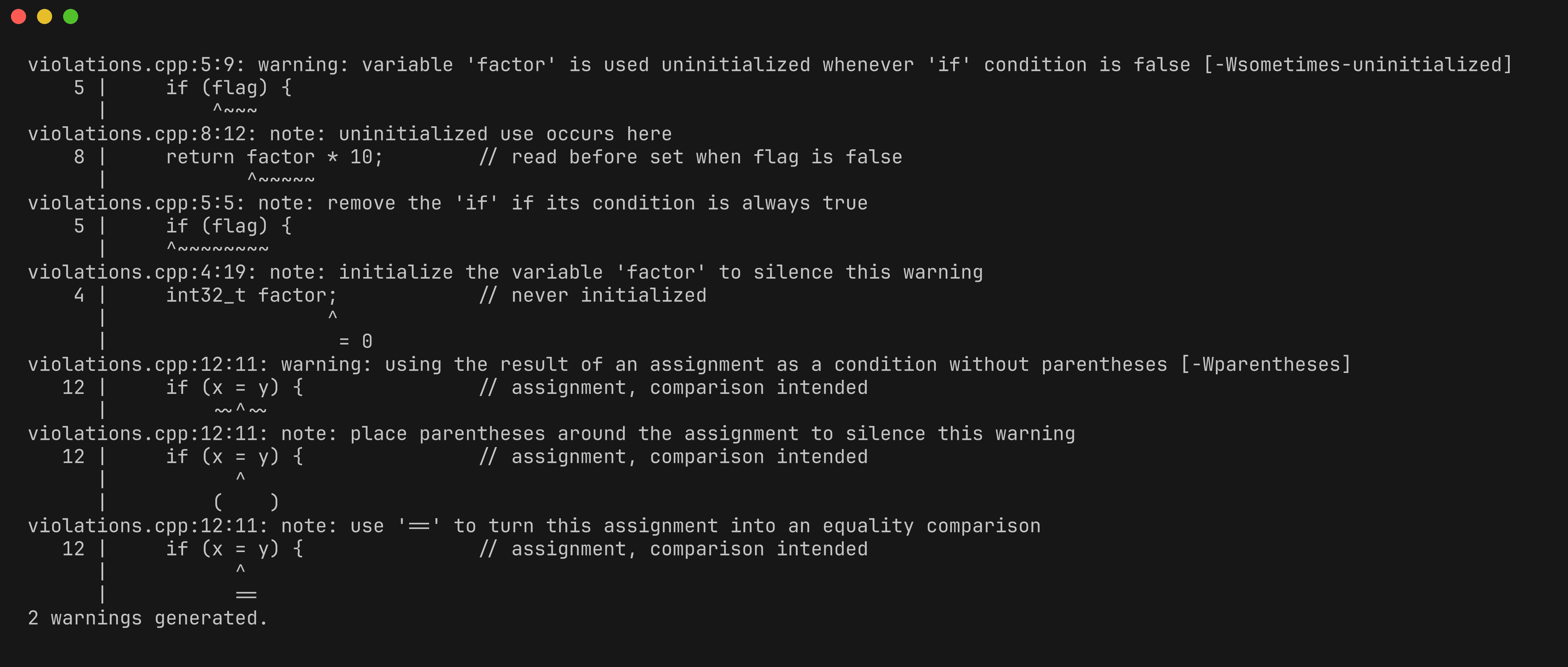 Real clang compiler output showing the uninitialized read and assignment-in-condition warnings behind MISRA C++ 2023 rules 11.6.2 and 8.18.2