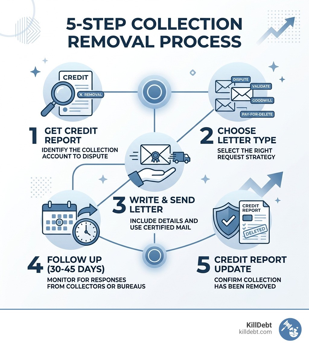 5-step infographic showing collection removal process from dispute letter to credit report update - sample letter to remove