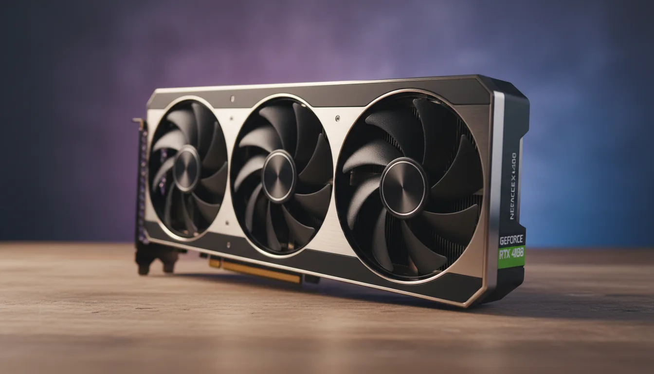 DSLR product photograph of an NVIDIA GeForce RTX 4080 Founder's Edition graphics card, resting at a slight angle on a rustic wooden desk. Soft studio lighting illuminates the hardware, highlighting the matte black finish and silver metallic accents. The shot is a medium close-up from a low angle, captured with a shallow depth of field, putting the graphics card in sharp focus against a softly blurred, out-of-focus purple-blue wall in the background.