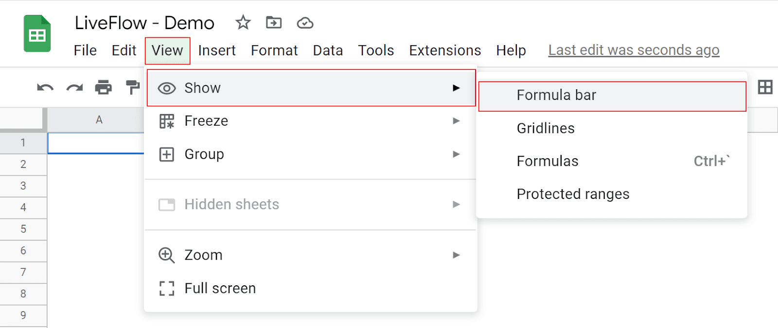 make the formula bar visible in Google Sheets