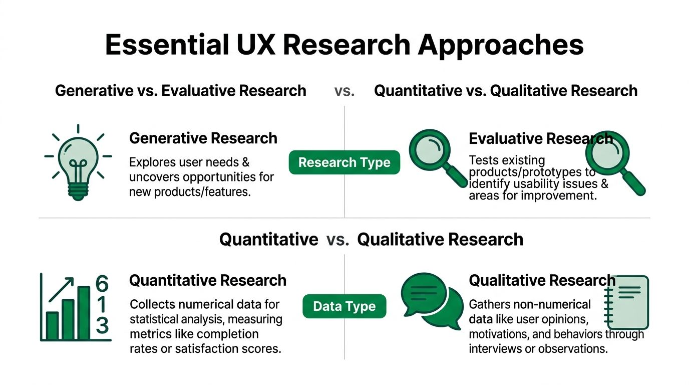 A chart comparing generative versus evaluative research and quantitative versus qualitative research in user experience design.