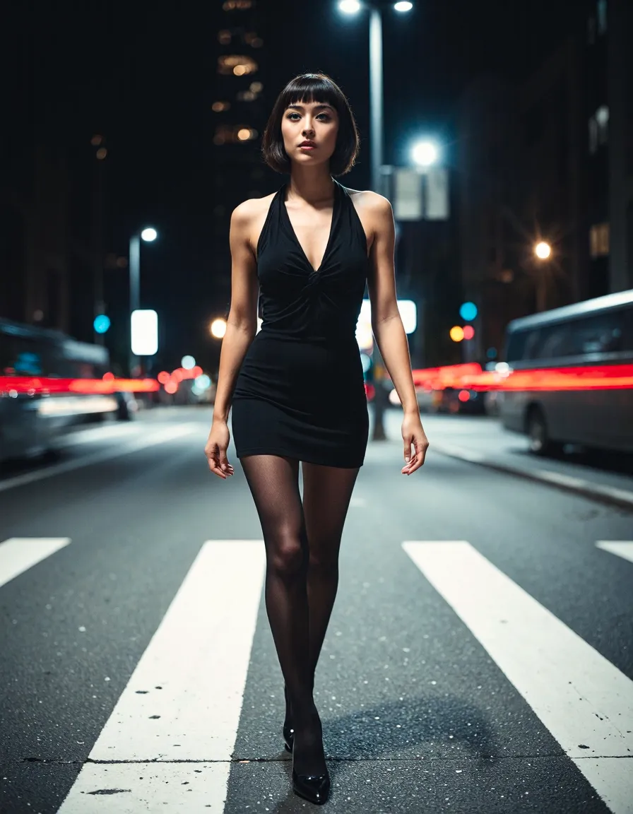 Woman in elegant black dress on city street at night with glowing traffic lights and urban atmosphere