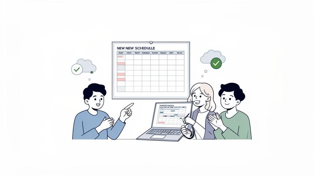 Three happy people discussing a new work schedule displayed on a wall and laptop.