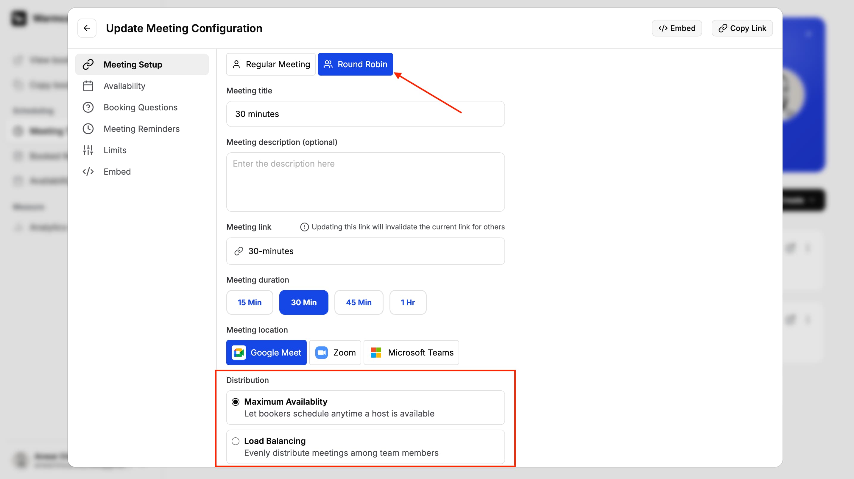 Warmcal Round Robin team settings page showing team members and scheduling configuration