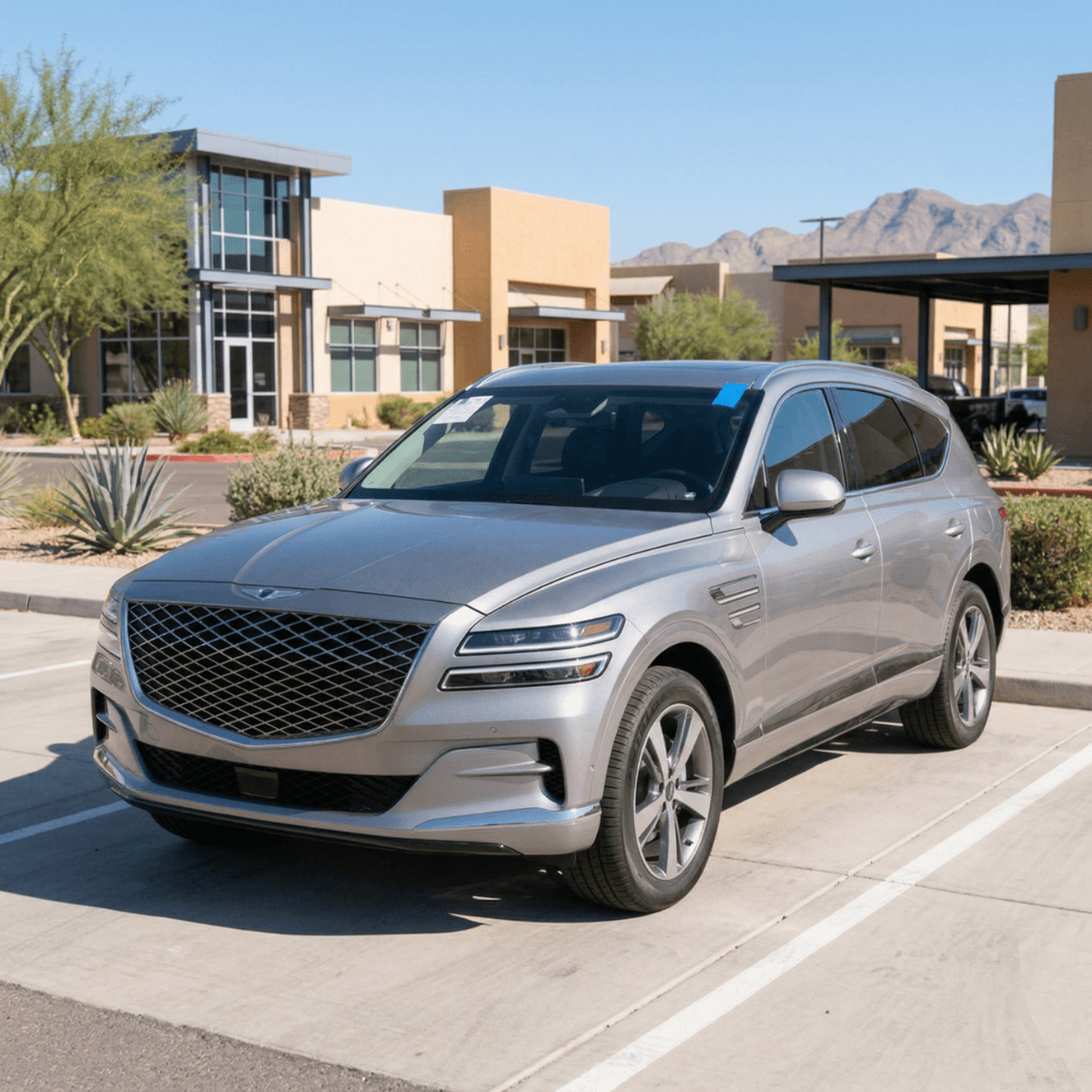 White Genesis GV80 with a perfectly sealed replacement windshield outside a San Luis, AZ residence