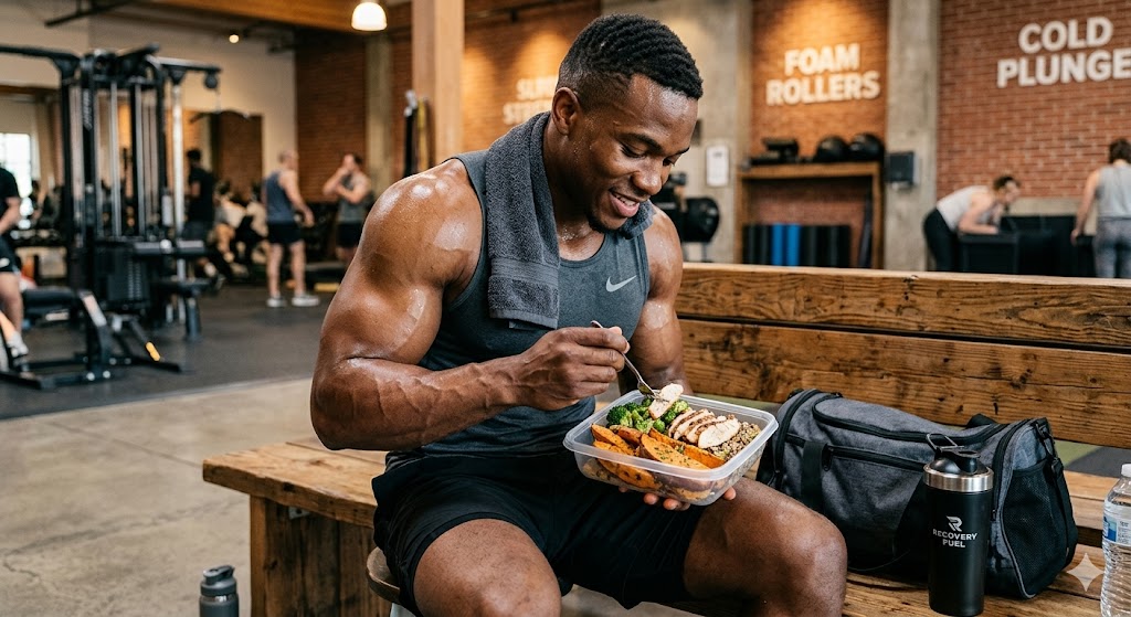 A sweating muscular male athlete in a gym recovery area, sitting on a bench with a towel around his neck, actively eating a healthy baked sweet potato and grilled chicken meal from a meal prep container.