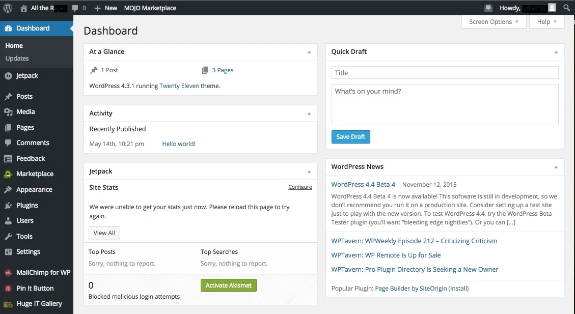 WordPress dashboard interface showing menu, site stats, quick draft, and WordPress news sections.