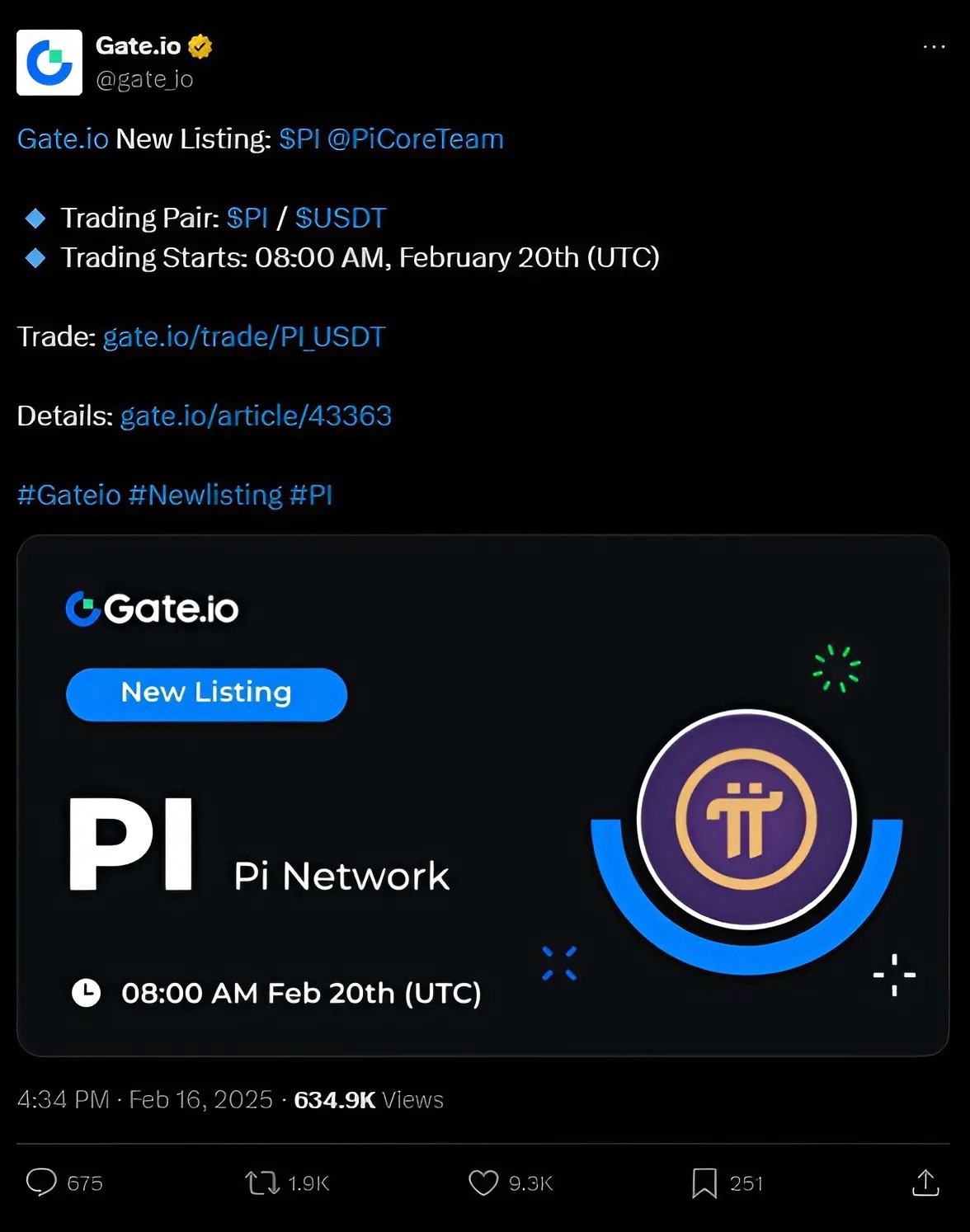 Pi Network Token (PI) Gains Exchange Support on Gate.io Tweet