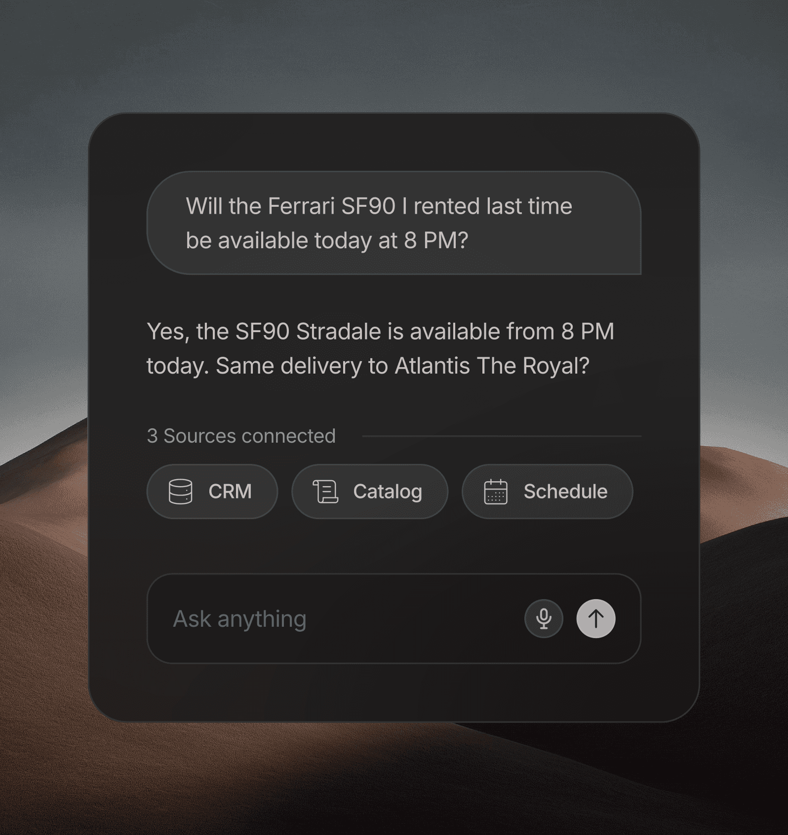 Feature section showing connected knowledge sources (Docs, CRM, Help Center) with a chat UI answering a query about a client renewal.