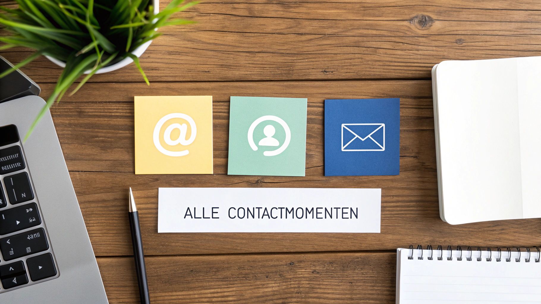 Een flat lay van een houten bureau met laptop, plant, notitieboek en sticky notes met contact iconen. Er staat 'ALLE CONTACTMOMENTEN'.