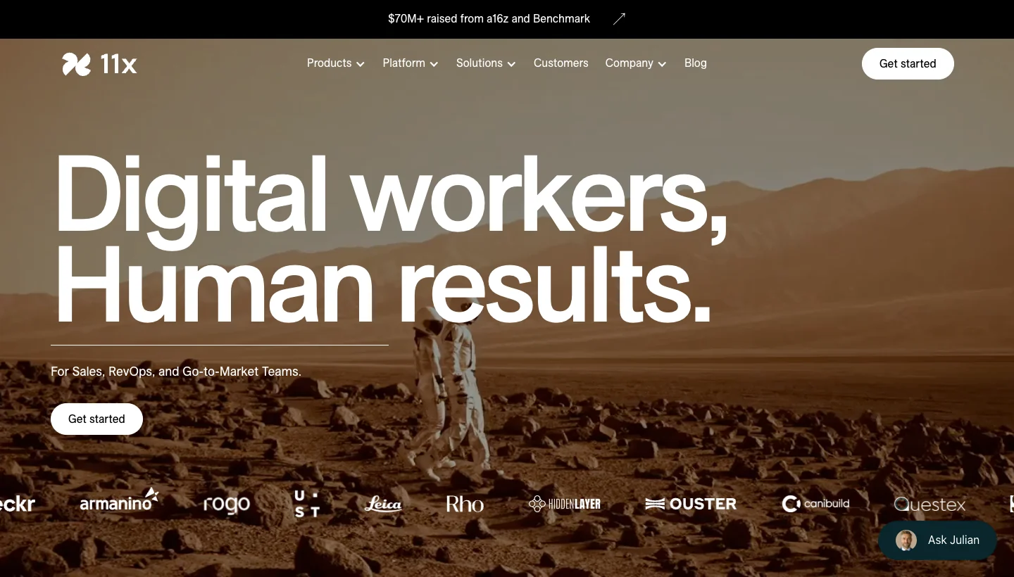 11x.ai homepage: AI SDR (Alice) for autonomous prospecting and outreach