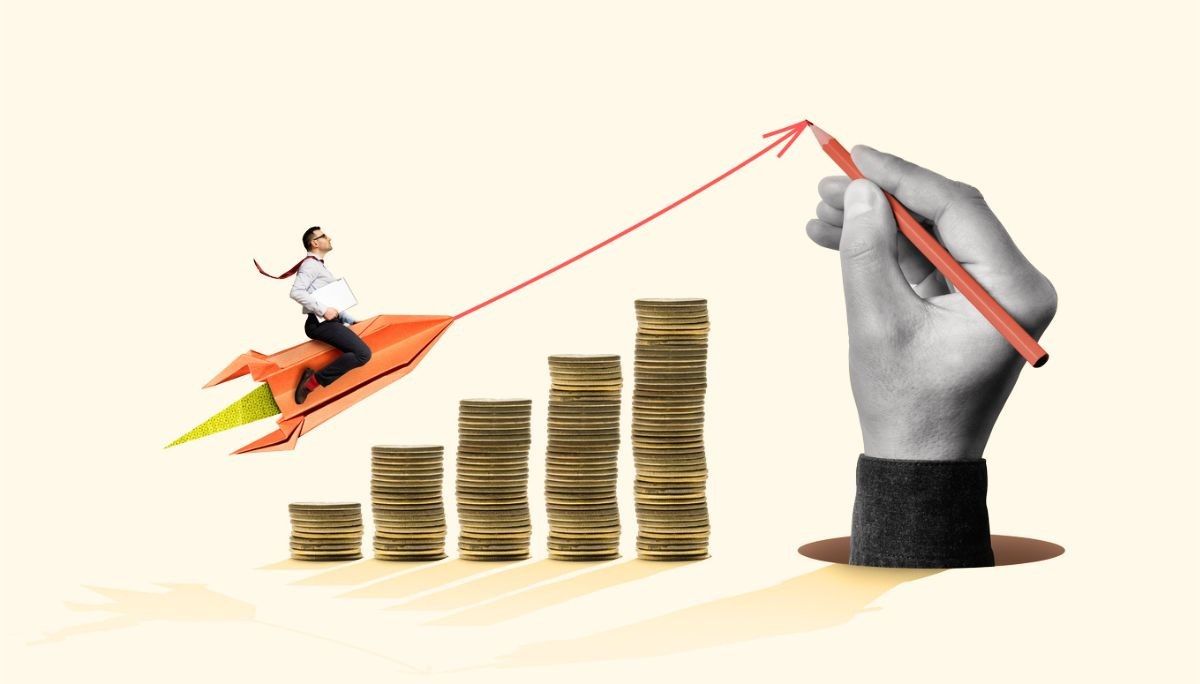 Illustration of a person riding a paper rocket above rising stacks of coins while a hand draws an upward arrow