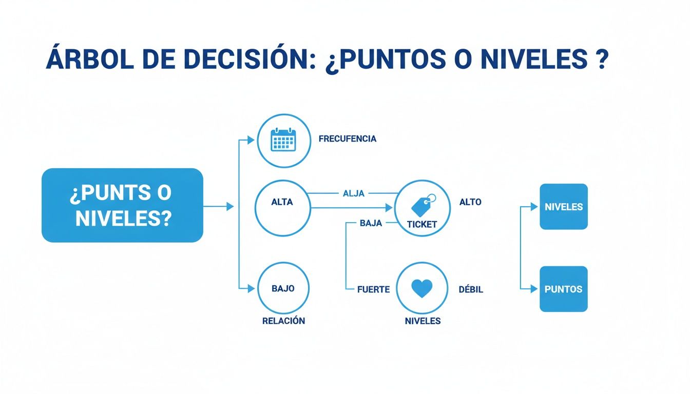 Diagrama de flujo de un árbol de decisión para elegir entre programas de puntos o niveles, basado en frecuencia y relación.