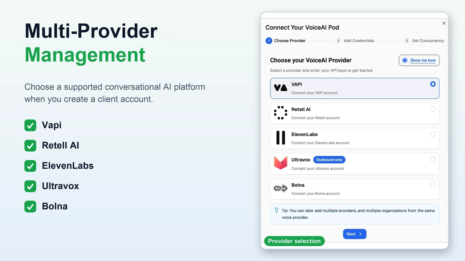 VoiceAIWrapper provider selection screen listing Vapi, Retell AI, ElevenLabs, Ultravox and Bolna, with Ultravox visibly marked outbound-only.