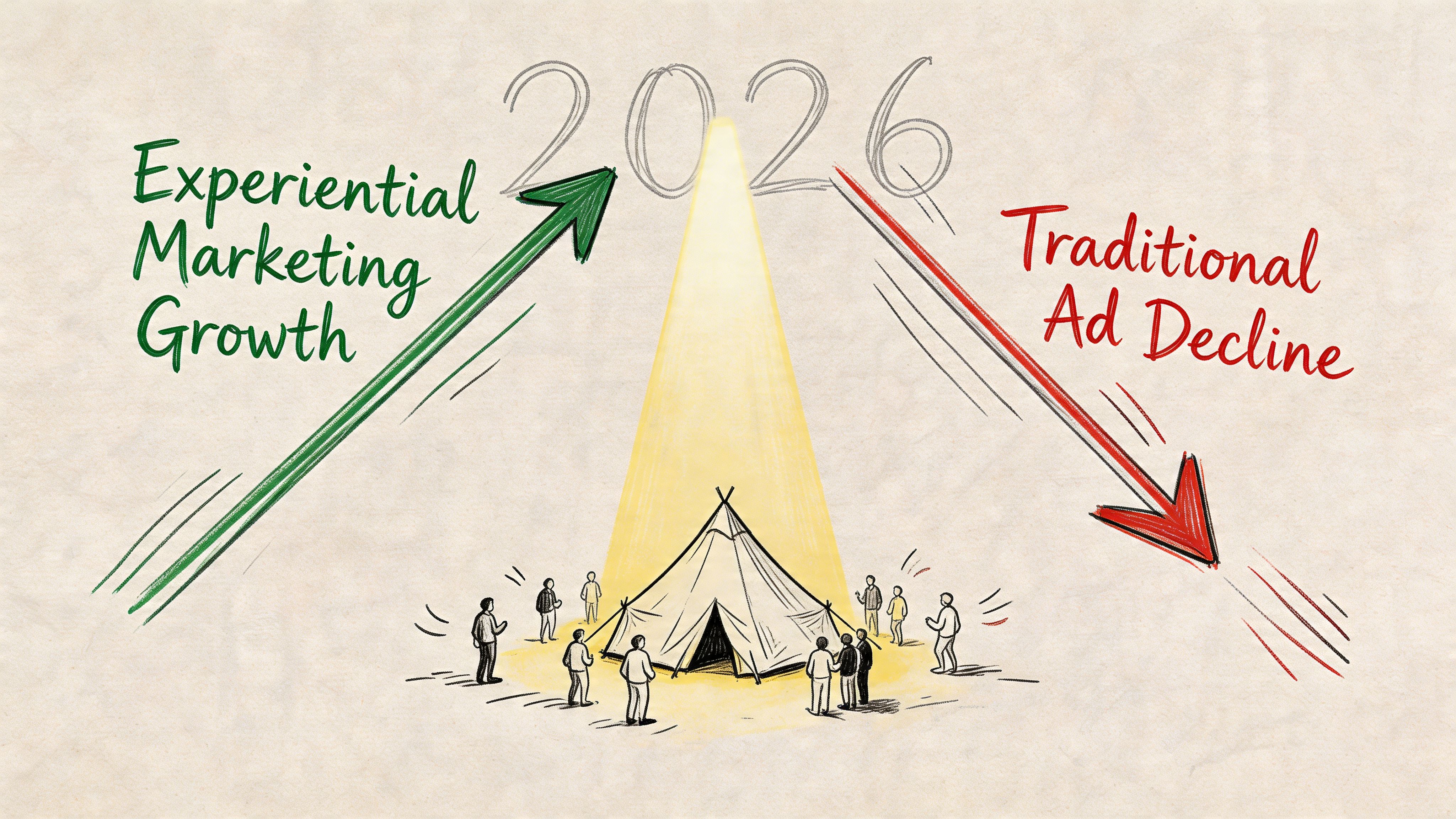 A hand-drawn illustration showing experiential marketing growth alongside a decline in traditional advertising reaching a 2026 milestone.