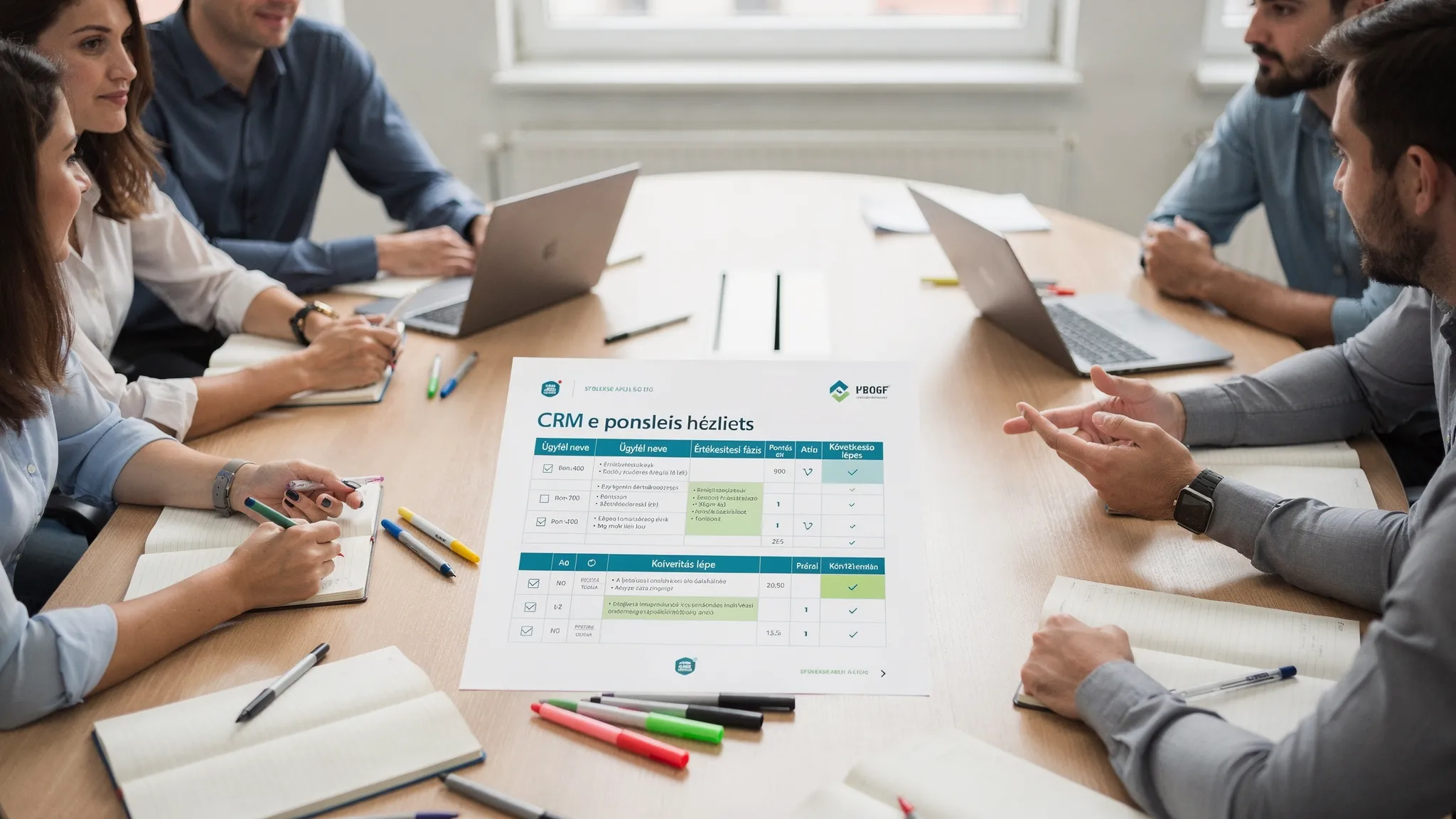 Kisvállalkozói csapat megbeszélésen CRM pontozótáblát néz nyomtatva az asztalon, mellette laptopok csukva, fókusz a döntési kritériumokon és a folyamatokon.