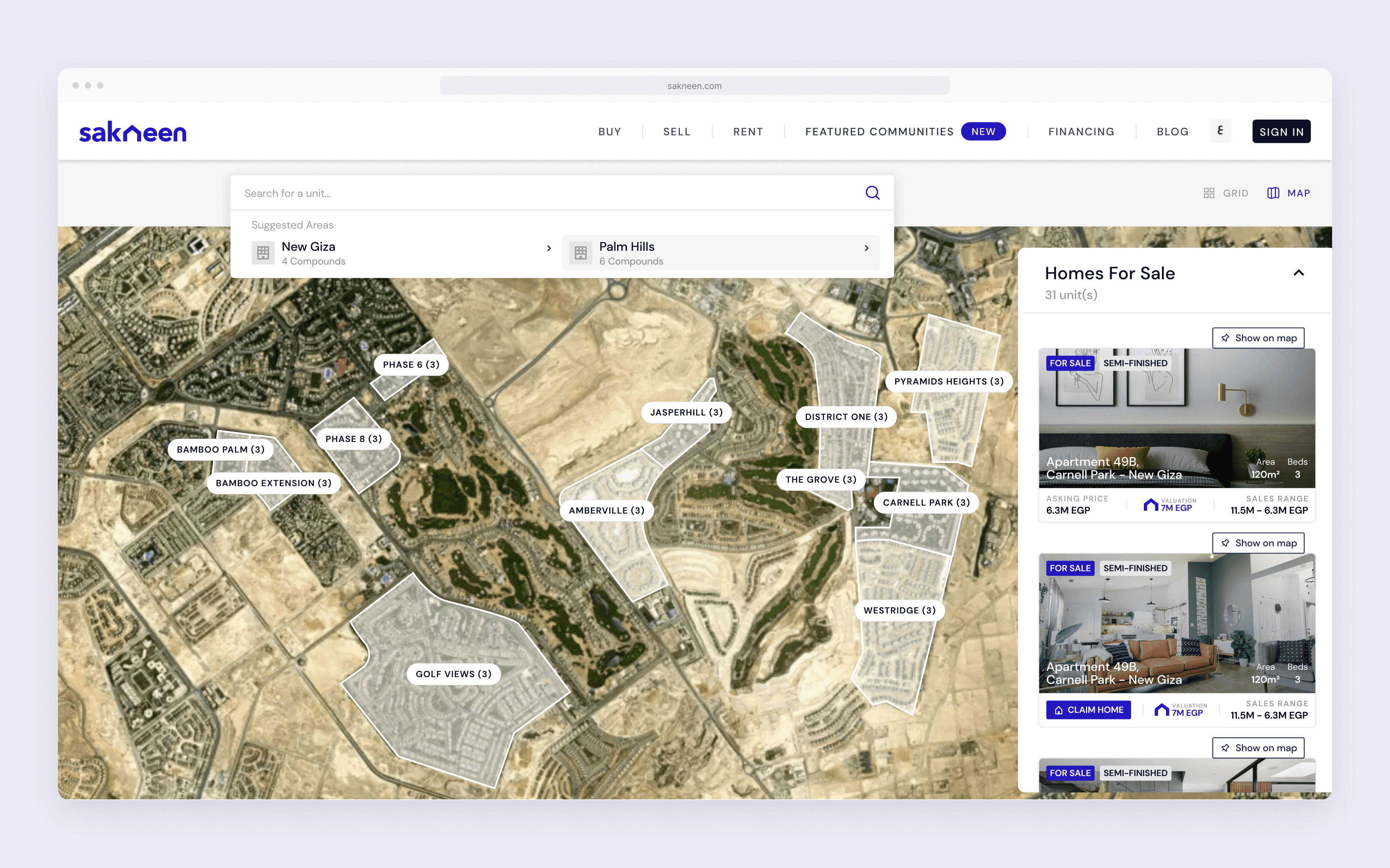 Map search: compounds on a satellite map beside a panel of homes for sale