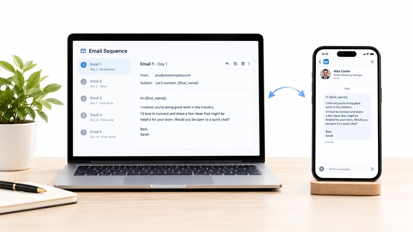 A laptop displaying an email sequence strategy next to a smartphone showing a mobile messaging app interface.