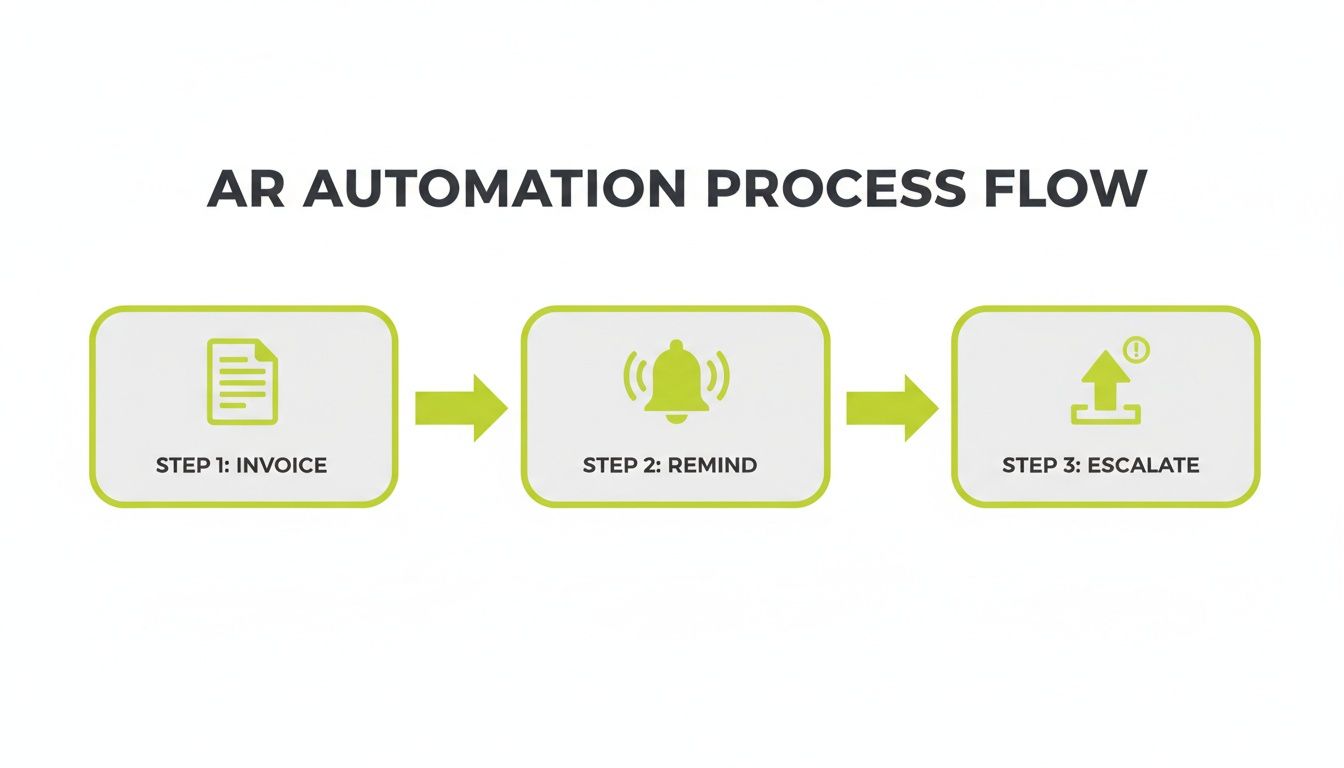 A three-step AR automation process flow: Step 1 Invoice, Step 2 Remind, and Step 3 Escalate.