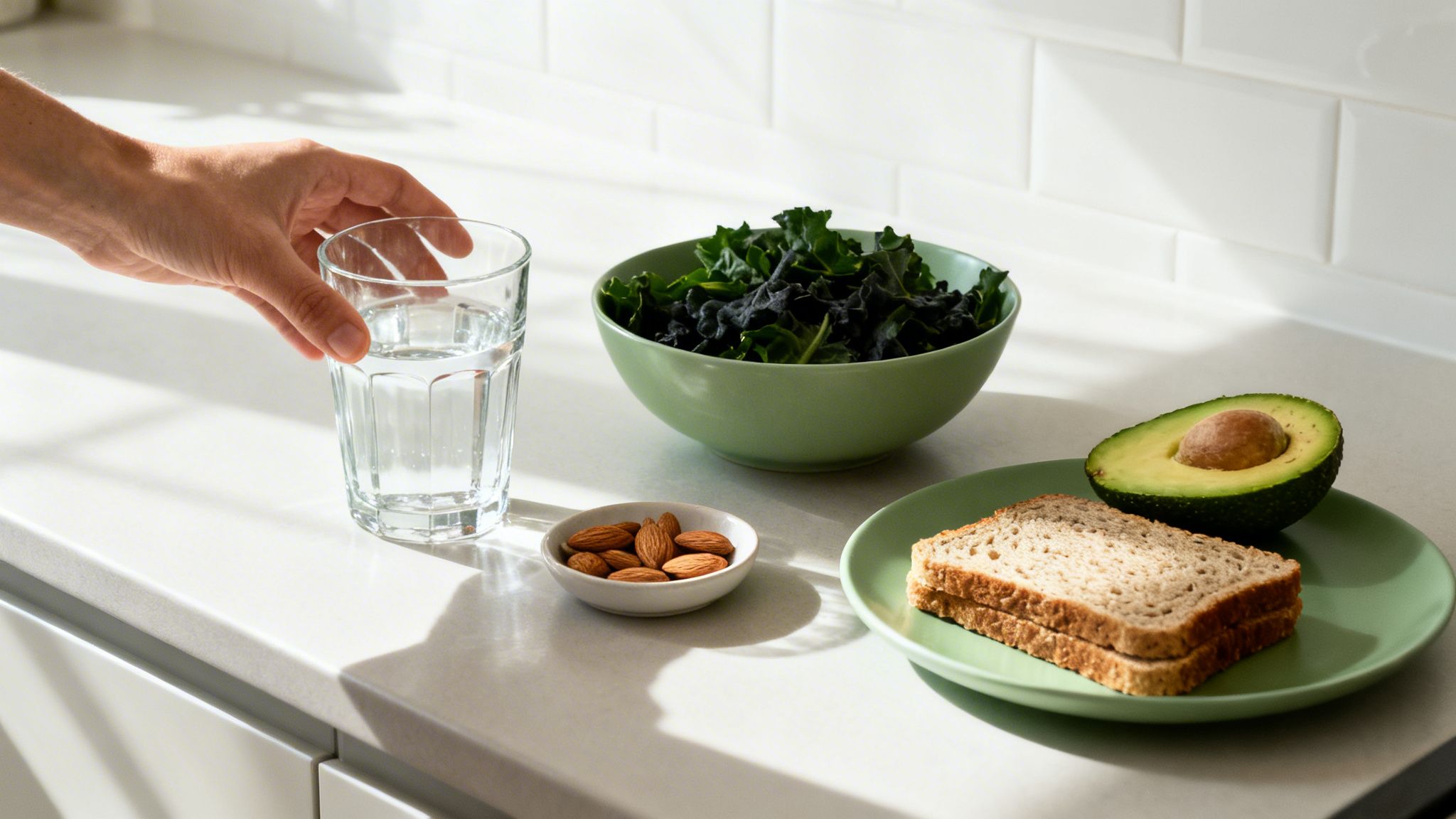 A hand reaches for a glass of water, next to a bowl of kale and healthy foods.