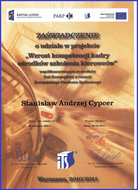 Certyfikat dla CKZ Cypcer potwierdzający standardy bezpieczeństwa w szkoleniach na wysokości.