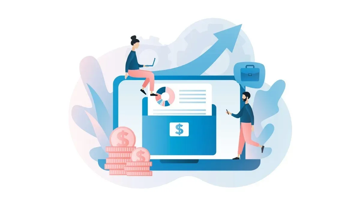 Illustration of a large laptop displaying a financial document with a dollar symbol and pie chart, with a woman sitting on top working on a laptop, a man beside it holding a phone, stacks of coins on one side, a briefcase icon on the other, and an upward arrow and gears in the background—representing how engineers evaluate the value and growth potential of startup stock options.
