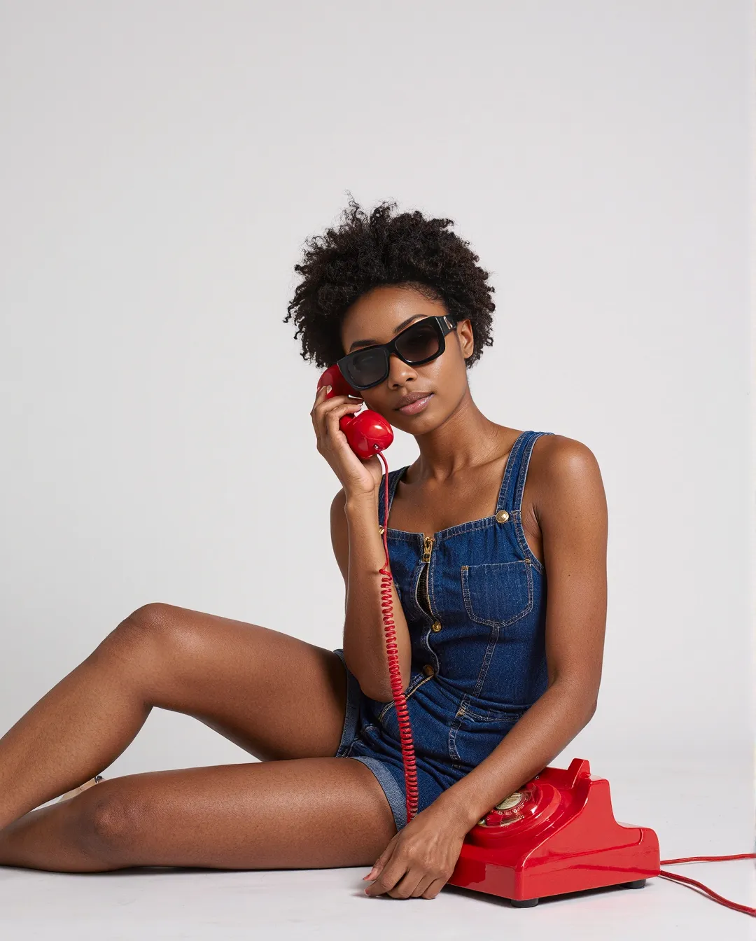 Stylish denim overall outfit paired with vintage red telephone against minimal white background, creating retro-modern fashion aesthetic.