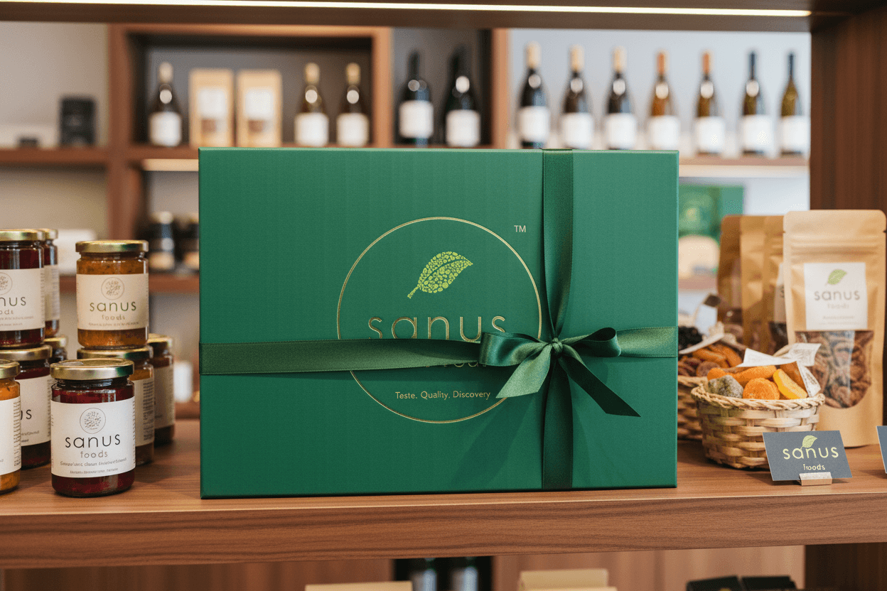 gift box packaging in green in a store display