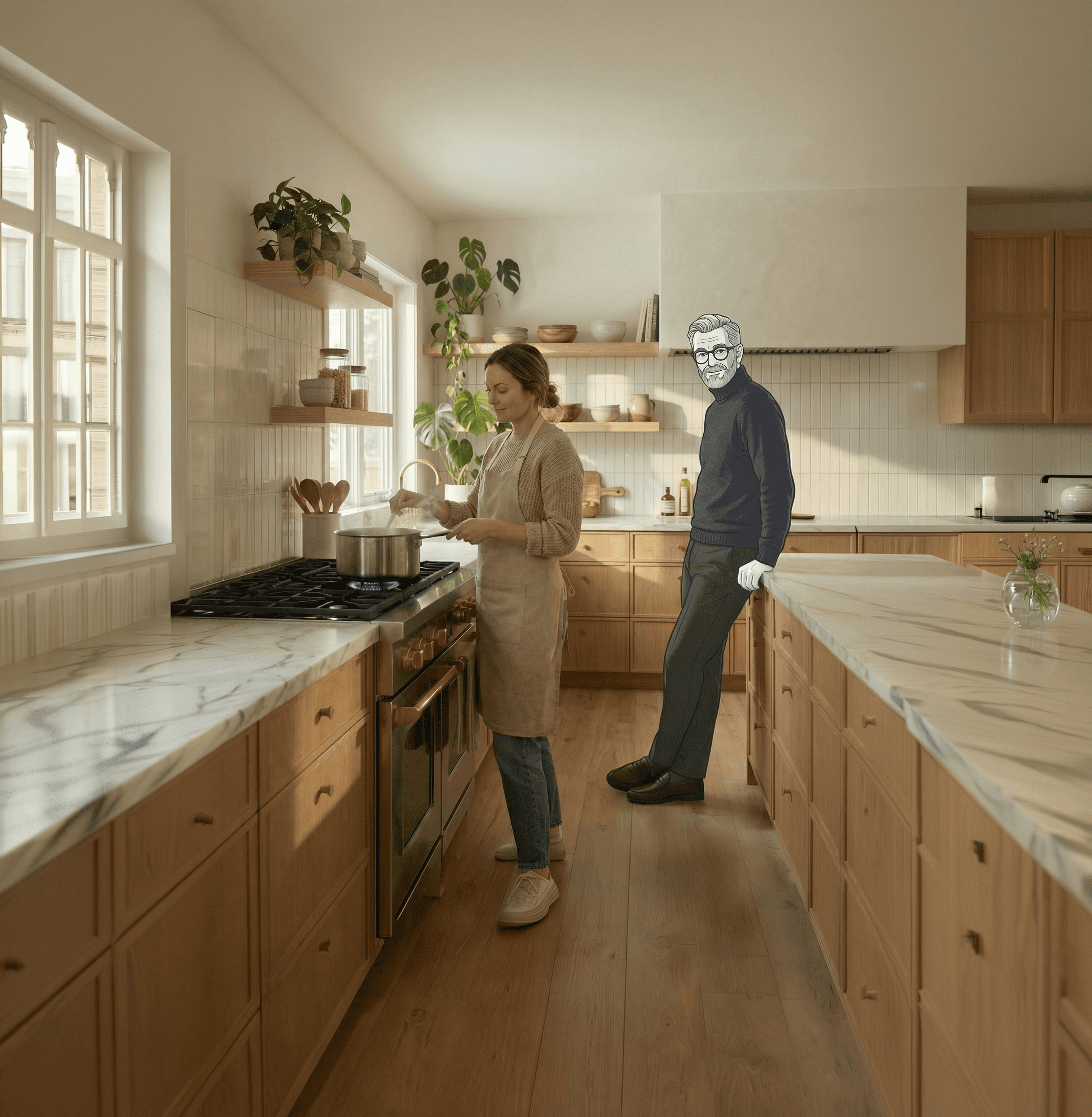 woman cooking in kitchen with Bill leaning on counter