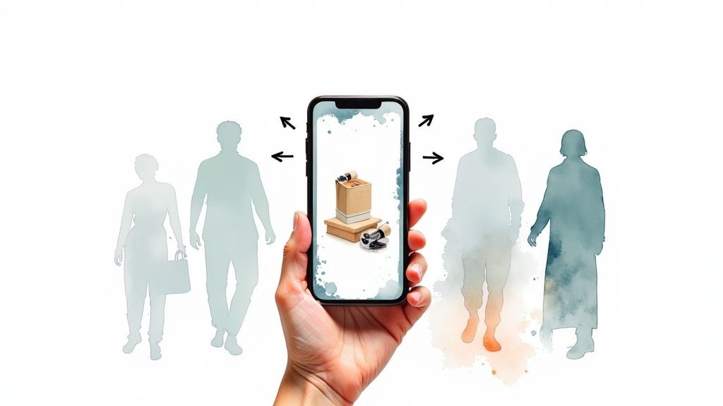 A hand holds a smartphone displaying shopping items, connecting to various customer silhouettes.