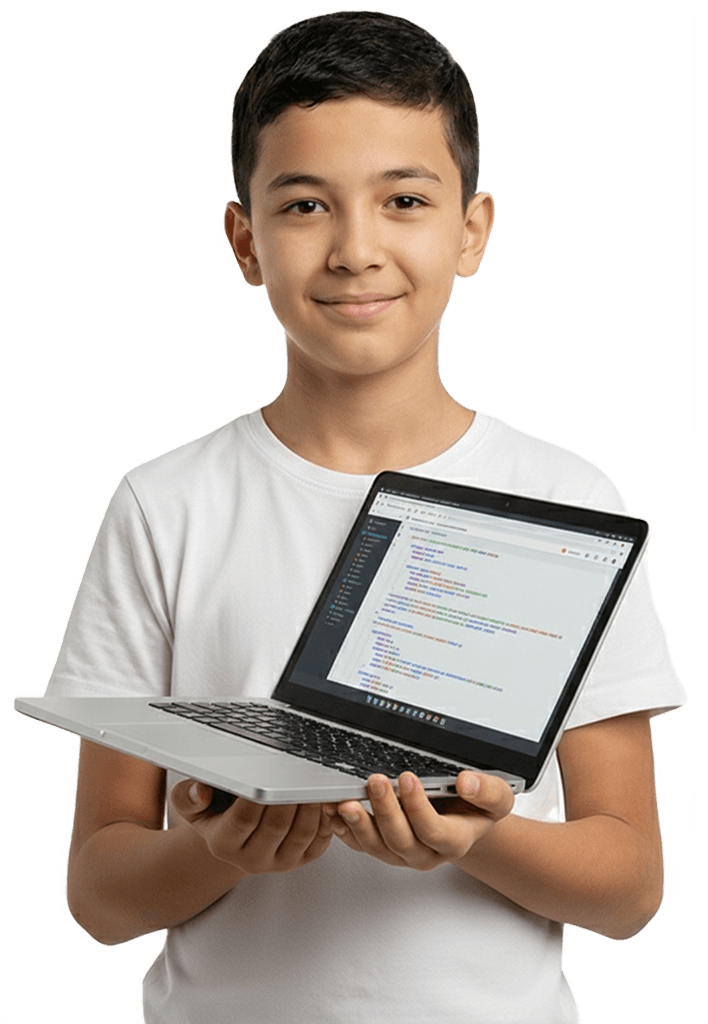 Мальчик держит на руках ноутбук