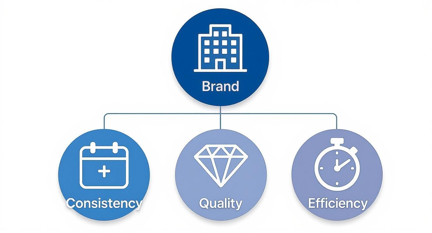 A diagram illustrates 'Brand' as central, supported by 'Consistency,' 'Quality,' and 'Efficiency.'