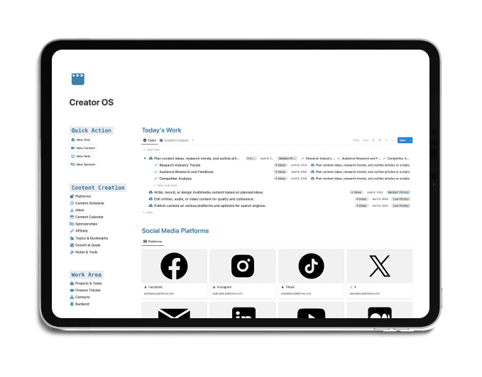 Content Creator's the All-in-One Notion Template! This isn't just another Notion template – it's a meticulously crafted system designed to empower your entire content creation journey. Here's a glimpse of what awaits yooou