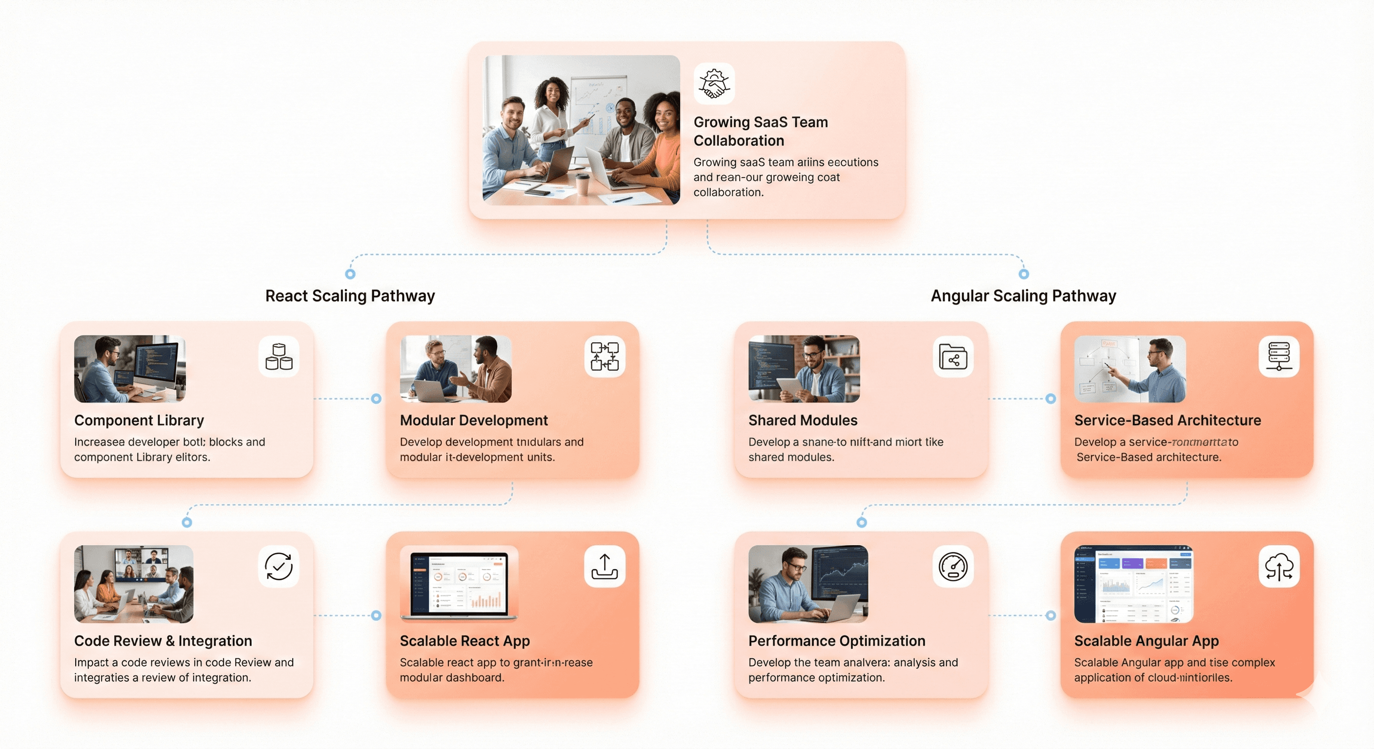 Growing SaaS frontend team collaborating across modular React and structured Angular architectures